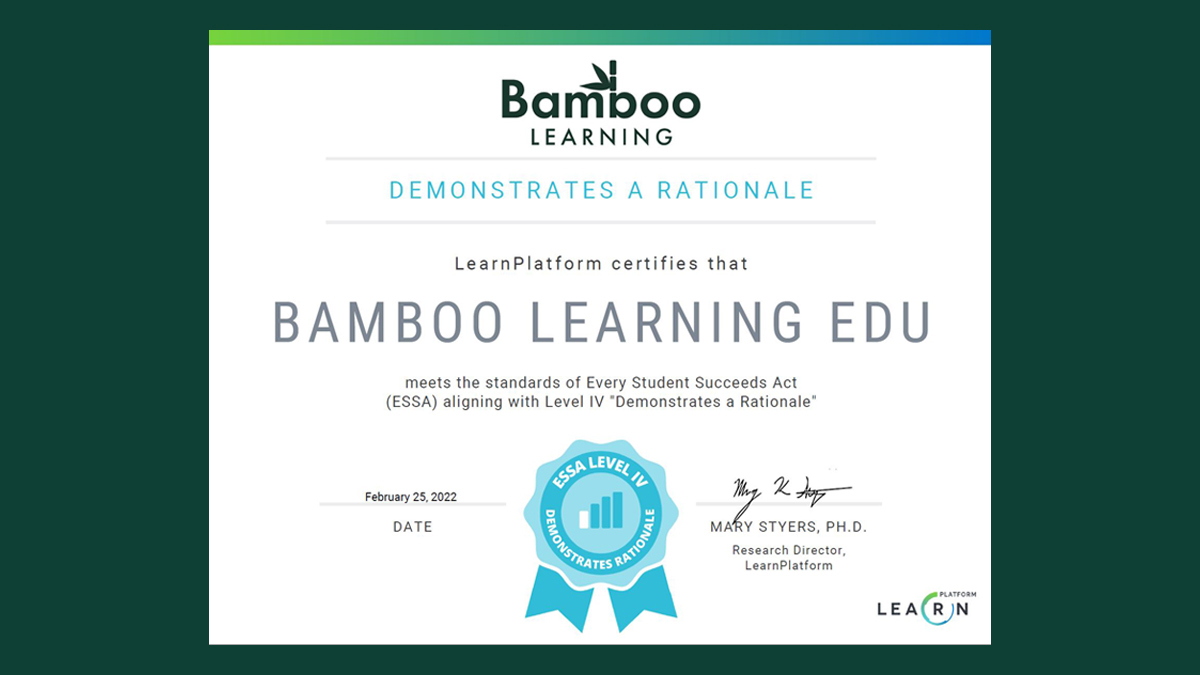 Bamboo Learning hit another milestone and is now ESSA Level IV certified! Grateful to the amazing <a href="/LearnPlatformUS/">LearnPlatform by Instructure</a> team who conducted an evaluation of our K–5 voice-enabled #literacy solution, and to @JohnWBoynton &amp; AWS EdStart for supporting our mission &amp; sponsoring this study.