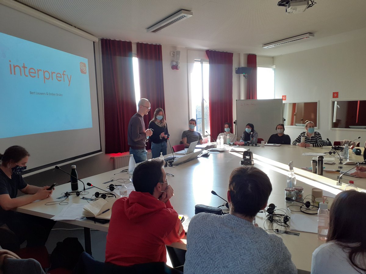 bdfrancq's tweet photo. Just wrapped up @ugentlw  students' RSI Platform tour with presentations, discussion &amp; ironically in-person interpreting @pisco_ap @GreenTerp @Interprefy @KUDOway  #Quaqua #Cymo

Heart-felt address by @ugentlw stud to @EUMasters_TTI students from countries in conflict. #terplove https://t.co/eb64qokI47