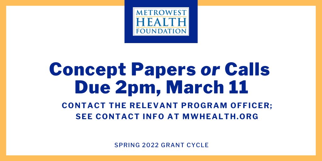 One week left to 📞 call us or 📝submit a paper with your concept for the spring 2022 grant round. Please call or email Rebecca Donham at (508) 879-7625 or rdonham@mwhealth.org. For tips and other relevant deadlines, visit mwhealth.org/funding/apply-…