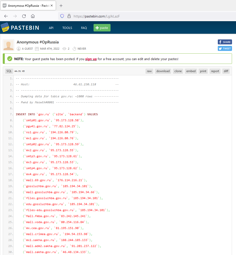 Anonymous TV 🇺🇦 on Twitter: "JUST IN: #Anonymous leaks database of the Russian Government