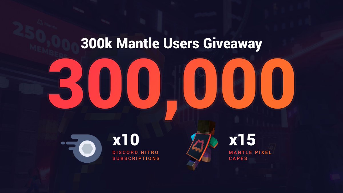 GetMantleGG's tweet image. Mantle just hit 300,000 users! 🚀

Together with @Salad_Chefs, we give away 10 Discord Nitro subscriptions and 15 Mantle capes.

gleam.io/miyPl/300000-u…
