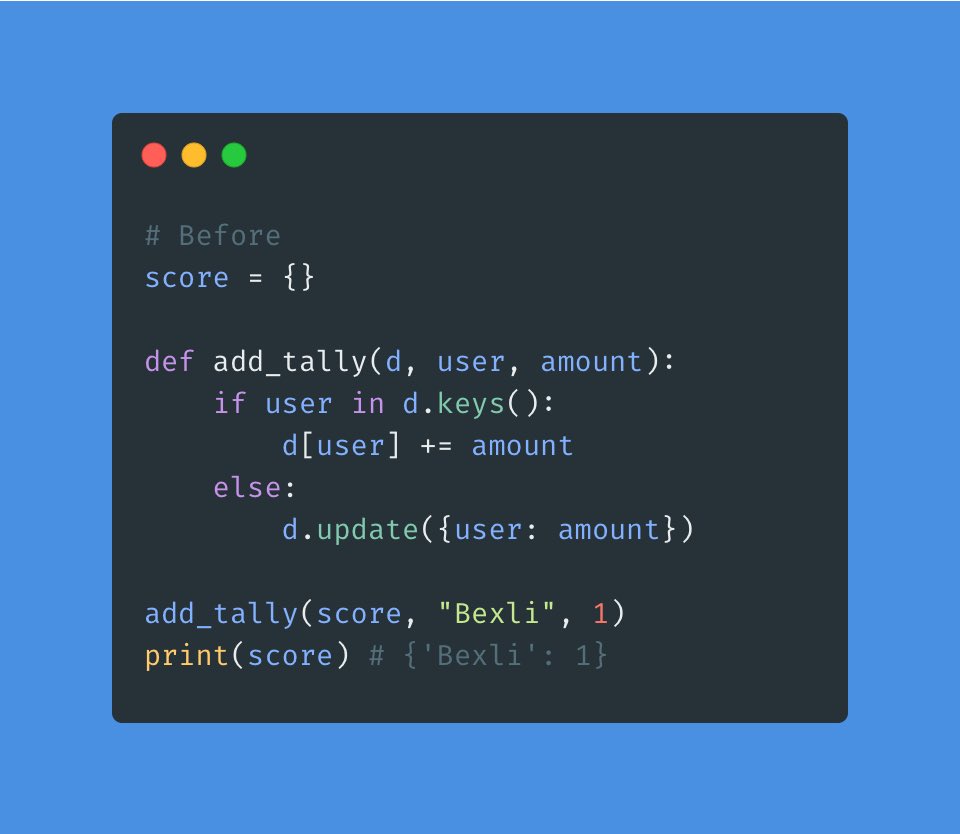 itsBexli's tweet photo. Need a simple way to tally score? Maybe need a dictionary that adds keys on the fly?
Let's check out this week's #RefactorFriday! #python https://t.co/LVAXfVKa0Y