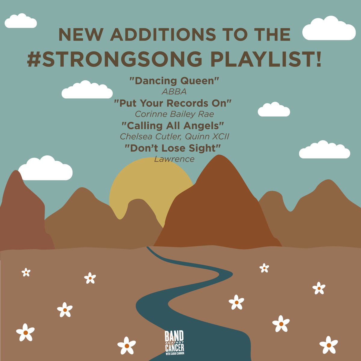 BandVsCancer's tweet photo. Kick off your weekend with our Strong Song playlist! New music JUST added by ABBA, @CorinneBRae, @ChelseaCutler, @QuinnXCII, and Lawrence that is sure to leave you encouraged. 🌸 https://t.co/w5gtJihzMW #StrongSong https://t.co/nmW4sMWDSb