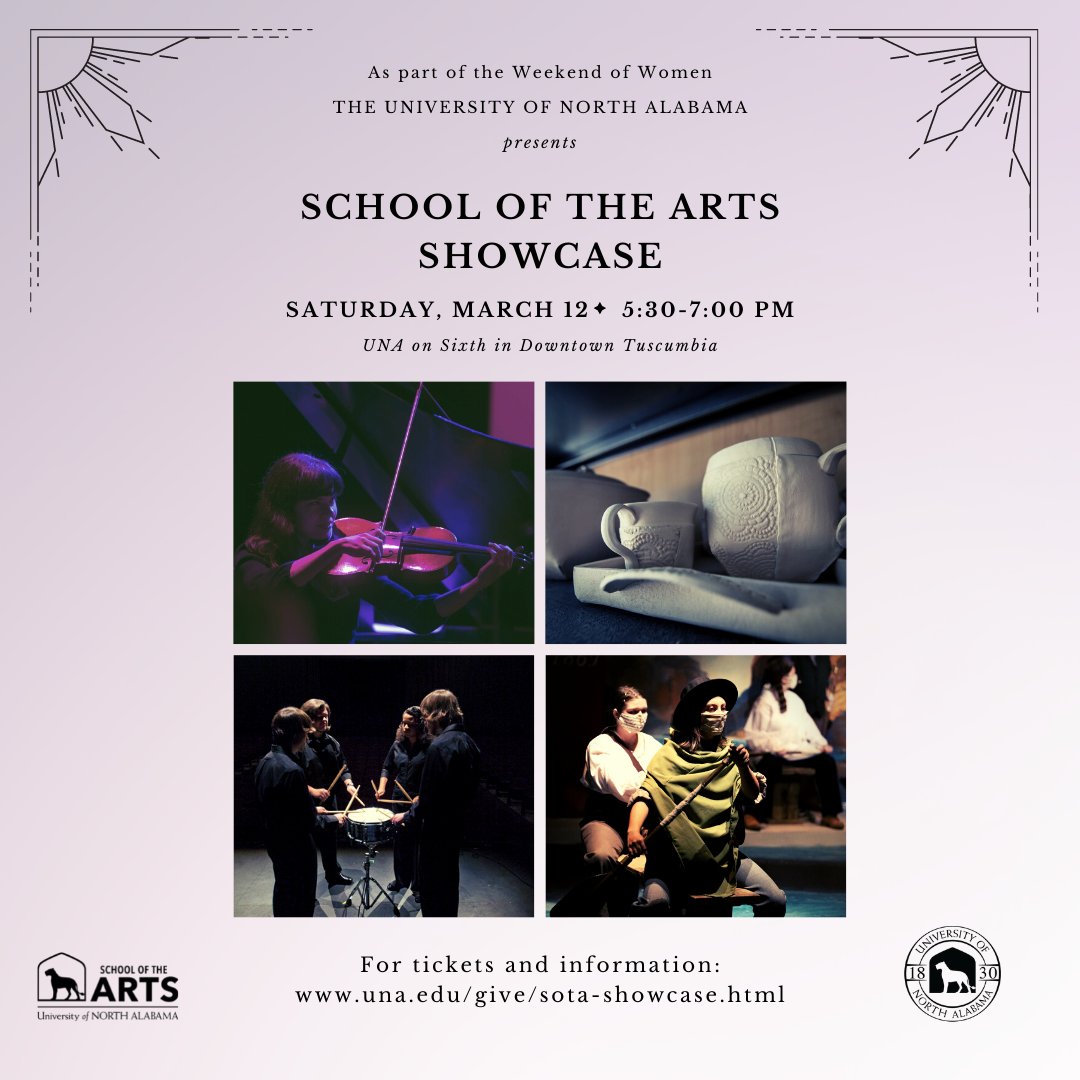As part of the Weekend of Women, on March 12th, the Year of the UNA Woman Taskforce will be hosting a SOTA Showcase at UNA on 6th in Tuscumbia, AL! Student Art will be available for purchase, with 100% of the proceeds going to the student. Visit l8r.it/H6Nw for tix!