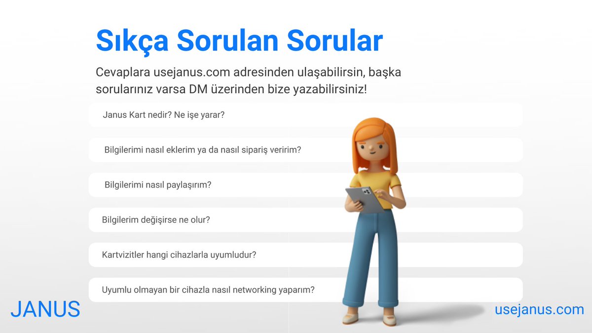 UseJanus's tweet photo. Sıkça Sorulan Sorular
Cevaplara https://t.co/7Llv5txUtL adresinden ulaşabilirsin, başka sorularınız varsa DM üzerinden bize yazabilirsiniz!
#Janus #Januskart #Temassızkartvizit #NFC https://t.co/Sn5omb1NYH