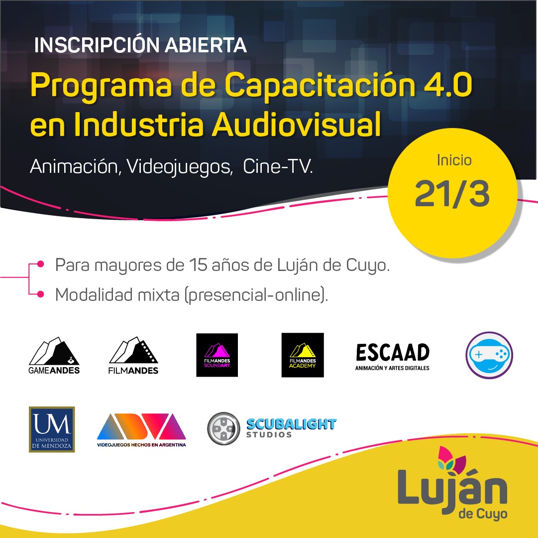 Programa de Capacitación 4.0 en Industria Audiovisual 🎬🙌🏻.

Inscribite y capacitate en Animación, Videojuegos y Cine-TV 🎮🎥.

Inscribite a través del siguiente link 👇🏻.
bit.ly/3CdedRM

#IndustriaAudivisual
#LujánHaceBien