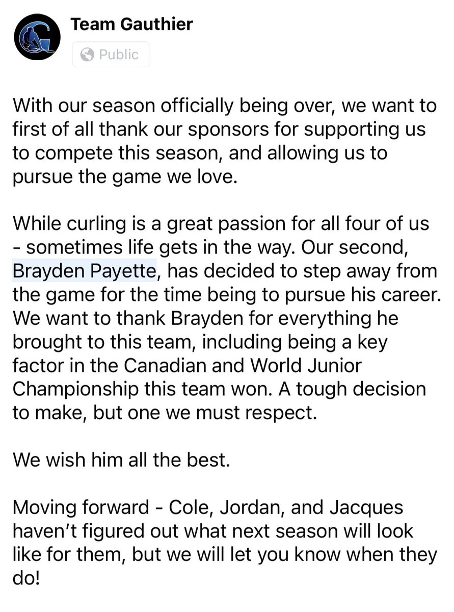 Well, it was a great ride while it lasted. 

We want to wish <a href="/braydenpayette/">Brayden Payette</a> the best of luck in his future endeavours, and we hope to see him back in a curling rink soon. Stay tuned for further announcements on what 2022-23 may look like for us! Full statement provided below.