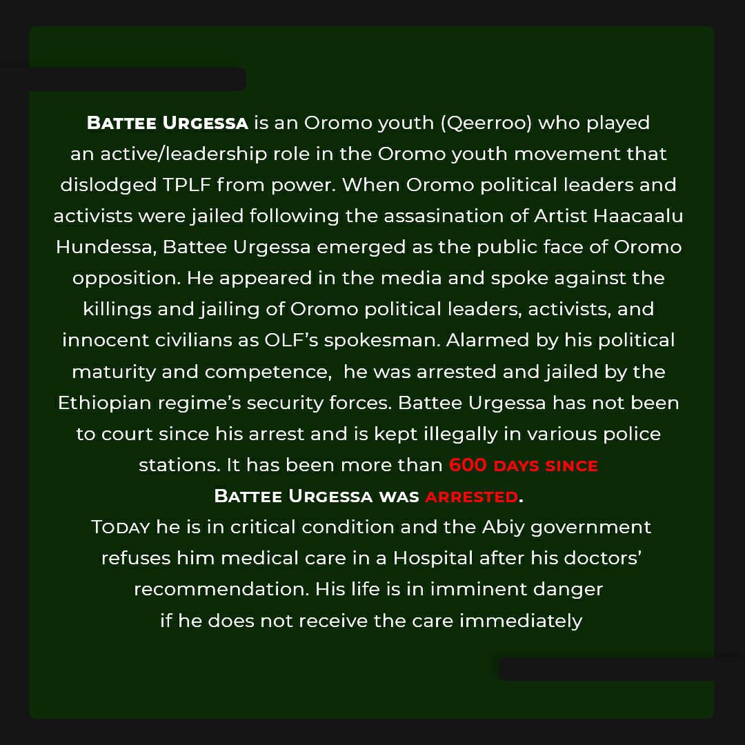 sorettisaleh's tweet photo. 🚨Alarming reports that Batte Urgessa, Oromo Liberation Front PR, is extremely sick &amp; denied medical treatment by the Ethiopian govt.  Doctors are not allowed to see or admit him to a hospital 4 care. @hrw @amnesty @Reuters @EHRC #SaveBatteUrgessa #OromoVoice https://t.co/j56oNeubvE
