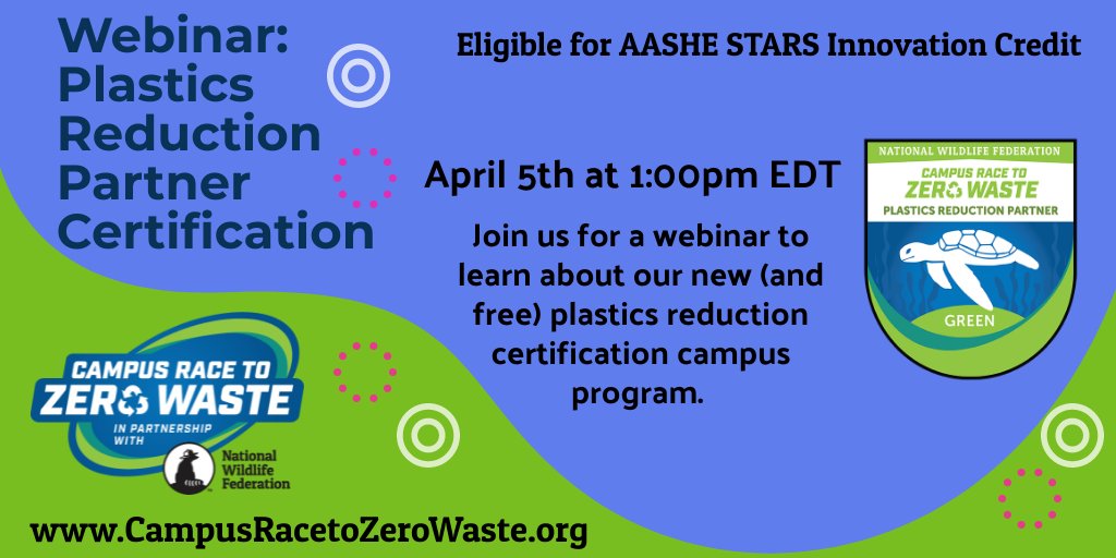 April 5 Webinar: Register to learn more about <a href="/NWF/">National Wildlife Federation</a> and <a href="/campusrace2zero/">Campus Race to Zero Waste</a> new plastics reduction certification campus program. Register for webinar support.nwf.org/page/37870/sur… #CR2ZW #PlasticPollution #ZeroWaste