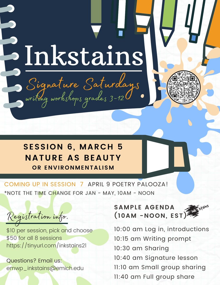 Register for virtual nature &amp; environmental writing 
3/5  
10 a.m. - noon EST 
3rd - 12th graders in age-appropriate breakout rooms with NWP teachers! 
April - poetry 
May - journal writing  
Register here: tinyurl.com/inkstains21
emwp_inkstains@emich.edu #nwp <a href="/writingproject/">Writing Project</a>
