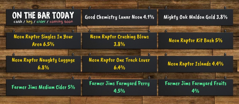 Our 3rd birthday weekend starts today!

We are having a @neonraptorbrew
Tap Takeover.

Tomorrow we have the awesome Stoked cooking up some vegan bbq from 12.

Board: goo.gl/KWkkba

@GoodChemBrew @MightyOakBrew #FarmerJimsCider @SEEssexCAMRA
#RealAleFinder
#PutinKhuylo