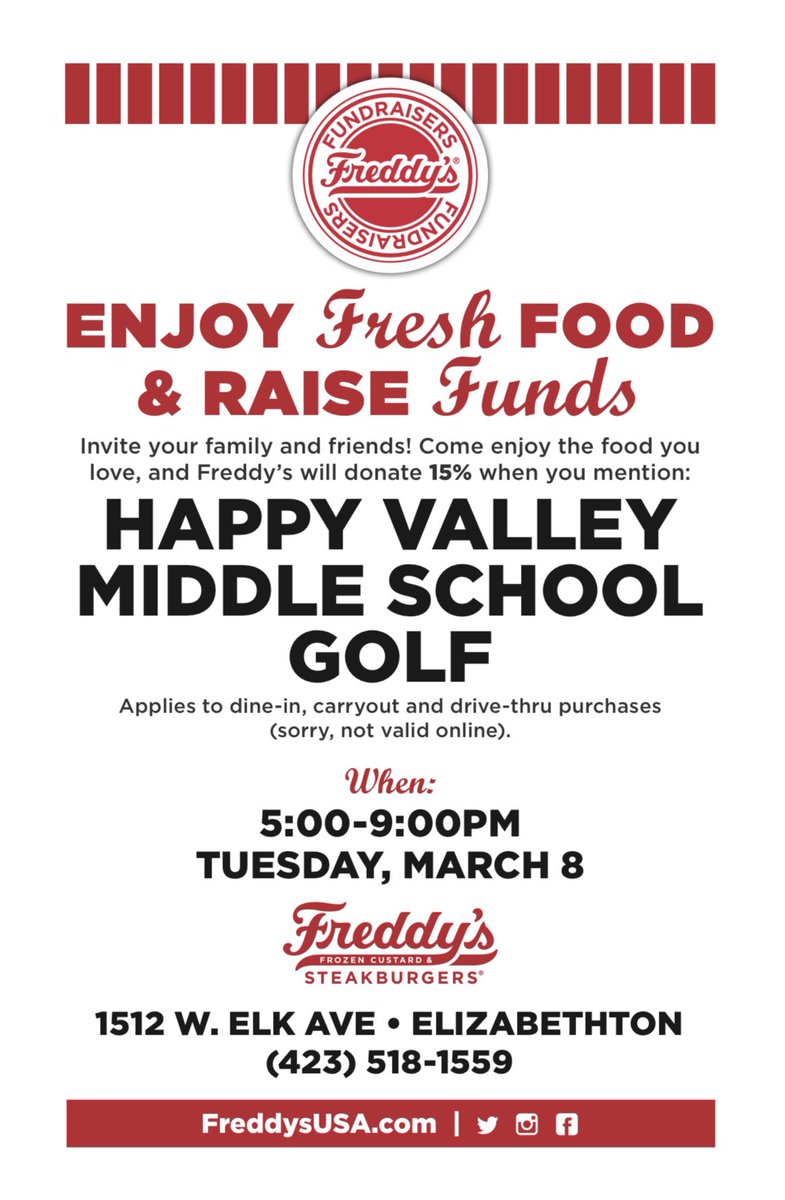 Remember this Tuesday to come to Elizabethton <a href="/FreddysUSA/">Freddy's Frozen Custard & Steakburgers</a> from 5-9 PM to help the Happy Valley Middle Golf program! Mention HVMS and a portion of your sale comes back to the team.