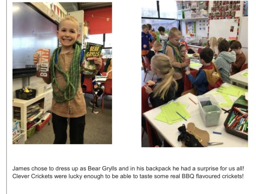 hannahmarystiff's tweet photo. Dressing up as his #hero on #WorldBookDay @BearGrylls 
Complete with bbq flavoured crickets! 🦗
He even made the newsletter sharing the crickets with his class! 
#beargrylls #proteinkick https://t.co/8U9WGVCEe1