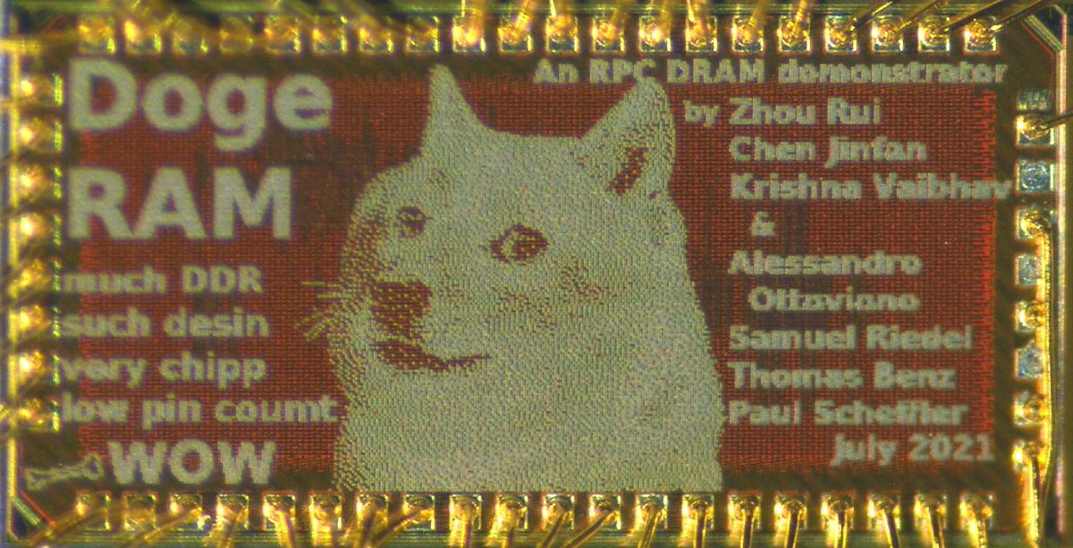pulp_platform's tweet photo. DogeRAM, our chip to test a new Reduced Pin Count (RPC) DRAM interface, is back from packaging. Much DDR, such desin, very chipp, low pin coumt 🤣. WOW. Such a cute chip has to work, right? 😇🐶 Logo by @ZerunJ  https://t.co/hmwSyVO081 https://t.co/k6EsUJlQjp