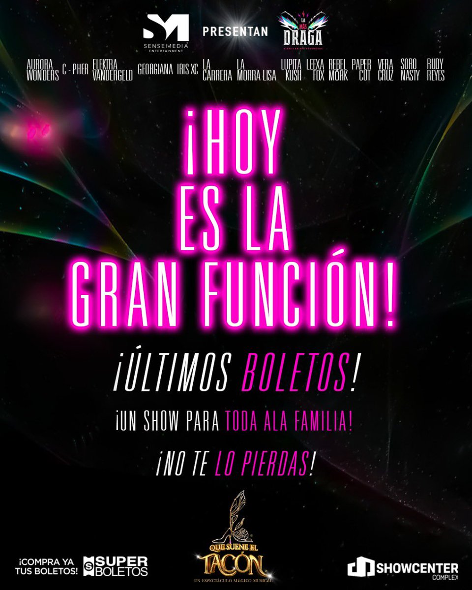 QueSueneelTacon's tweet photo. ¡ÚLTIMOS BOLETOS MONTERREY! Compra ya tu boleto VIP, incluye backstage y convivencia ➡️ https://t.co/6z13yXWcAi ⬅️

Hoy es la gran función, quedan pocos boletos para disfrutar del show drag más aclamado por el público ¡Que Suene el Tacón!

¡Un show para toda la familia! https://t.co/ekAZDsZGdS