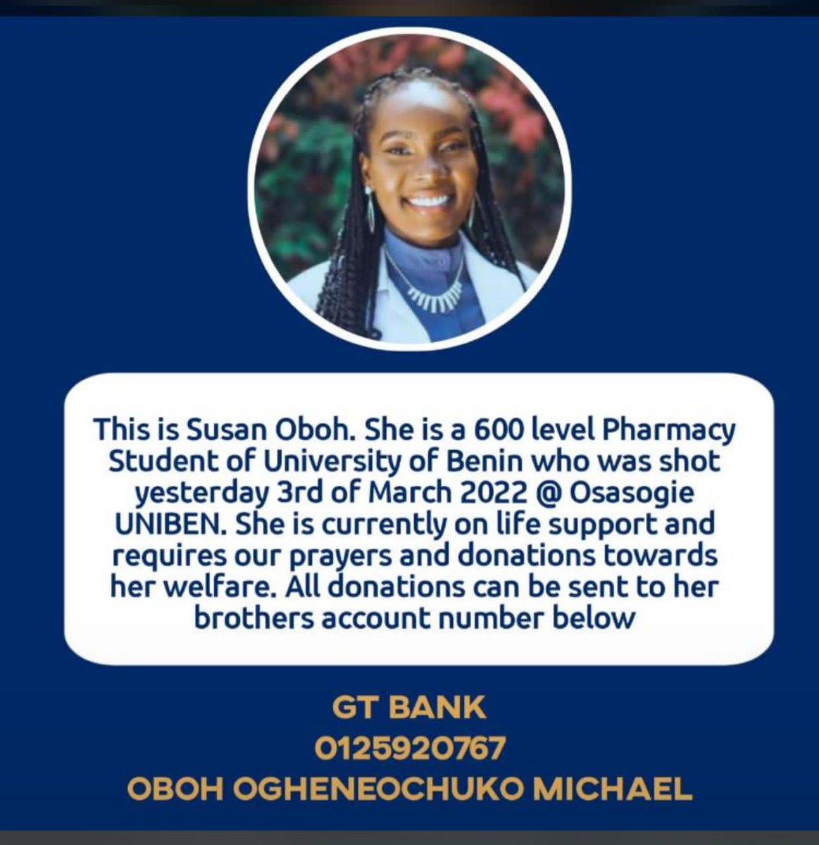DrSundaystanley's tweet photo. We pray O Lord that you stretch forth your healing hands upon our friend and colleague Susan, God Save the life of a lifesaver. And touch the heart of many to donate for her treatment. Amen
@lindaikeji
@instablog9ja
@realFemiOtedola
#Uniben
#SaveSusanOboh https://t.co/3grCo6GlAP
