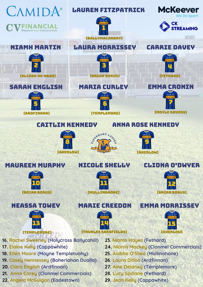TipperaryLGFA's tweet photo. 📣 NFL Team Announcement
Manager Peter Creedon has announced his starting 15 for the Ladies Gaelic Football NFL Round 3 match this Sunday.
All support is greatly appreciated 🇺🇦 in Semple Stadium and spectators are asked to enter via the new stand entrance. https://t.co/LjluzMVn1c