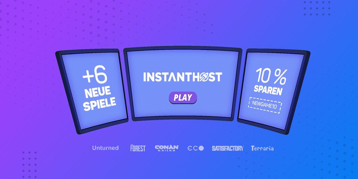 🚨 #GAMESERVER-UPDATE 🚨

Ab sofort stehen Euch auch #Satisfatory, #Terraria, #Eco, #ConanExiles, #Unturned und #TheForest Server zur Verfügung 🎉

Spare jetzt 10% mit dem Code „NEWGAME10“ auf Deinen nächsten Gameserver 🤑
↪️ instanthost.gg/gameserver
