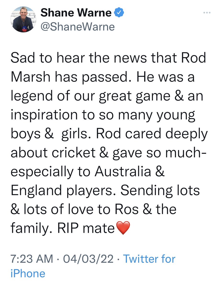 upcoprahul's tweet photo. The cruel jaws of destiny!!
This was the legend’s tweet today morning at 7.23 am in which he condoled the death of fellow cricketer #RodneyMarsh.
#RIPShaneWarne
#RIPRodneyMarsh https://t.co/UWbXPAwYgo