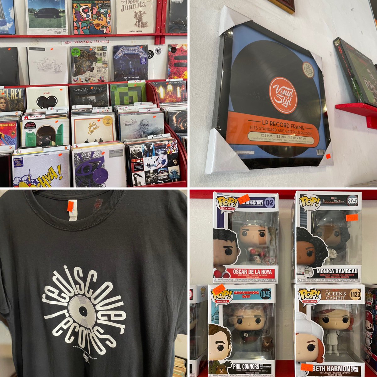 RedscvrRecords's tweet photo. College, wait, collage, of photos from around the shop. #rediscoverrecords #tshirt #recordframe #Funko #college #collage https://t.co/gS6R0XFU4c