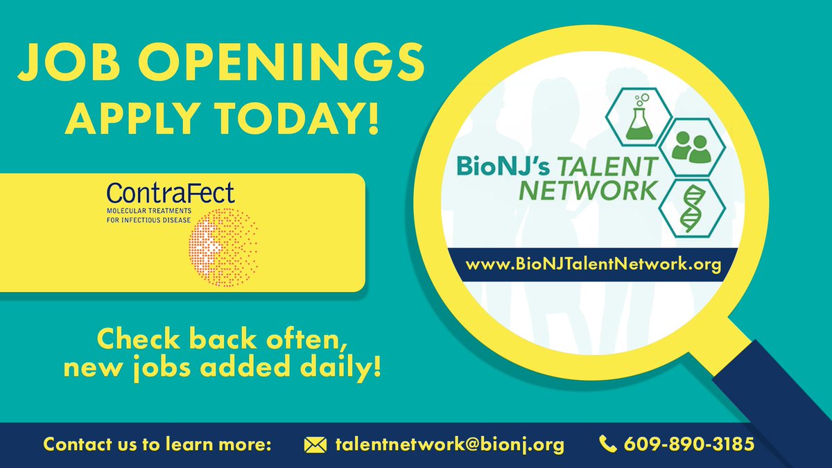 BioNJ_Org's tweet photo. ContraFect Corp is #hiring! Take a look their new job postings along with many other career opportunities and #apply today! Visit #BioNJ’s Career Portal often, new jobs posted daily. https://t.co/bVpvs9Vo5h https://t.co/dtnIMkuxCG
