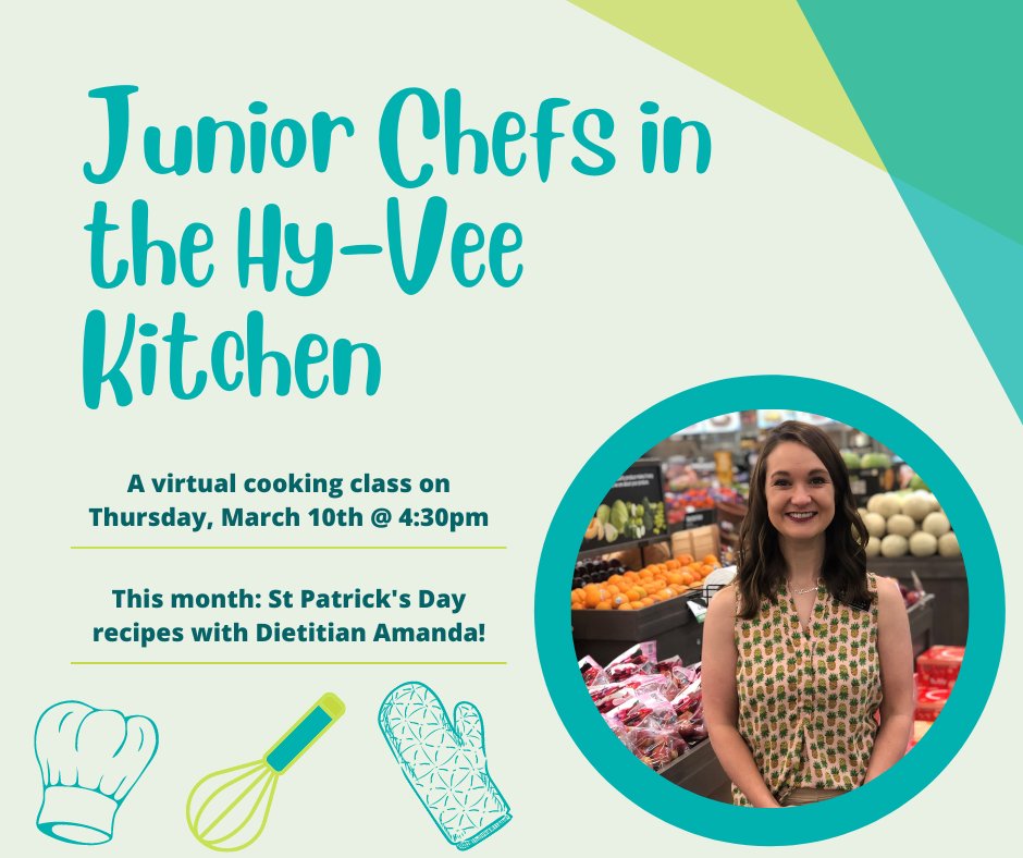 HyVeeCB's tweet photo. Let’s shamrock and roll, Junior Chefs! 🍀 🌈 
In this month’s St. Patrick’s Day edition of our virtual Junior Chef’s Class, we will be making Lucky Green Muffins and Shamrock eggs – the perfect breakfast for a leprechaun! 

Register here: https://t.co/zDVLBqntig https://t.co/SCdagzqCXV