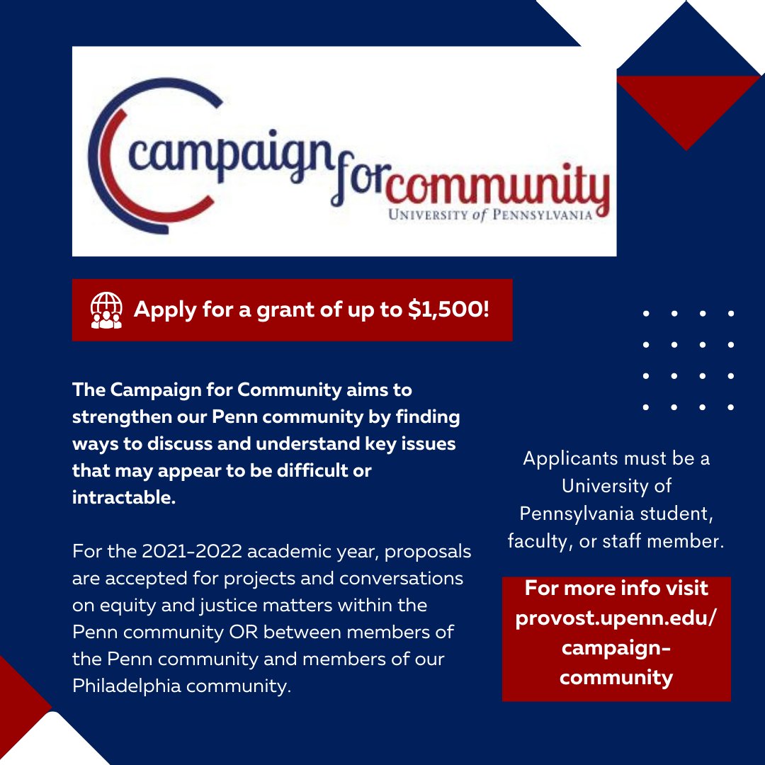 SECPenn's tweet image. Do you have an idea for a project or conversation related to equity and justice? Apply for the Campaign for Community Grant! Visit  provost.upenn.edu/campaign-commu… for more information.