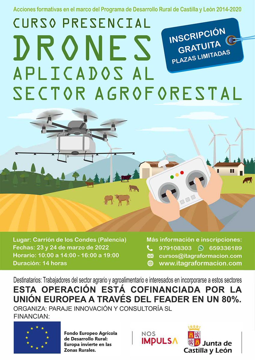 ParajeInnova's tweet photo. Organizamos un #curso / #jornada presencial en #CarrióndelosCondes, #Palencia, sobre los #drones aplicados al sector #agrícola y #forestal. Se trata de una formación #gratuita. Más info e inscripciones en https://t.co/cSXbtIY59p

#uav #agricultura #drone https://t.co/4W89JXW4dX