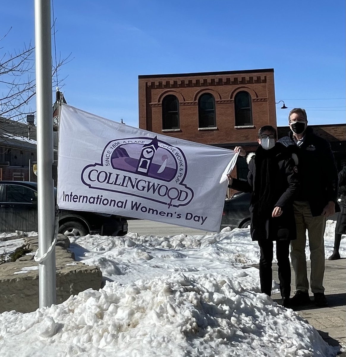 TownCollingwood's tweet photo. This sunny Friday was the perfect backdrop for the proclamation ceremony and raising of the International Women's Day flag!

March 8, 2022  has been declared “International Women’s Day” in the Town of Collingwood. 

Read full proclamation: https://t.co/IZksG88jPN\

#BreakTheBias https://t.co/8j8futlaCC