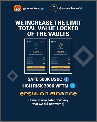 carlosadams's tweet photo. Let's fucking go!!!

Aumentamos la capacidad de nuestras vaults a 1M de TVL.

No perdáis la oportunidad de generar yield en el protocolo más robusto de DeFi en España🚀

🚨Doy 1 premio de 50 FTM entre los RT del post hasta el viernes🚨

https://t.co/SL3N2jlFvu 
@epsylon_finance https://t.co/nE1L7EqTll