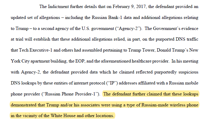 Michael Sussmann is trying to get his charges dismissed. Durham files his response.

Notable: Sussmann alleged Trump and his associates were using Russian-made phones in the vicinity of the White House.

They passed that info to the CIA. 

Full doc:
scribd.com/document/56265…