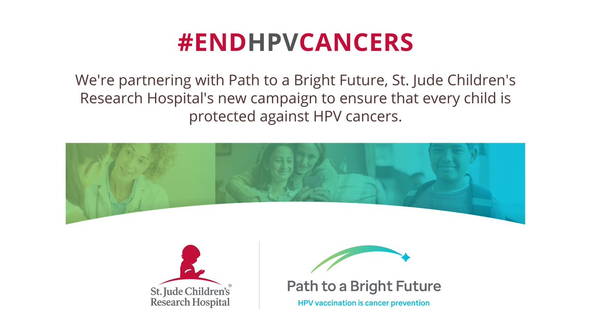 HPV vaccination prevents more than 90% of HPV-related cancers. Help us spread awareness about the effectiveness of on-time #HPVVax and creating a ‘Path to a Brighter Future’ with @StJudeResearch and partners.

Learn more. ow.ly/xyyR50I9ycn 

#EndHPVCancers