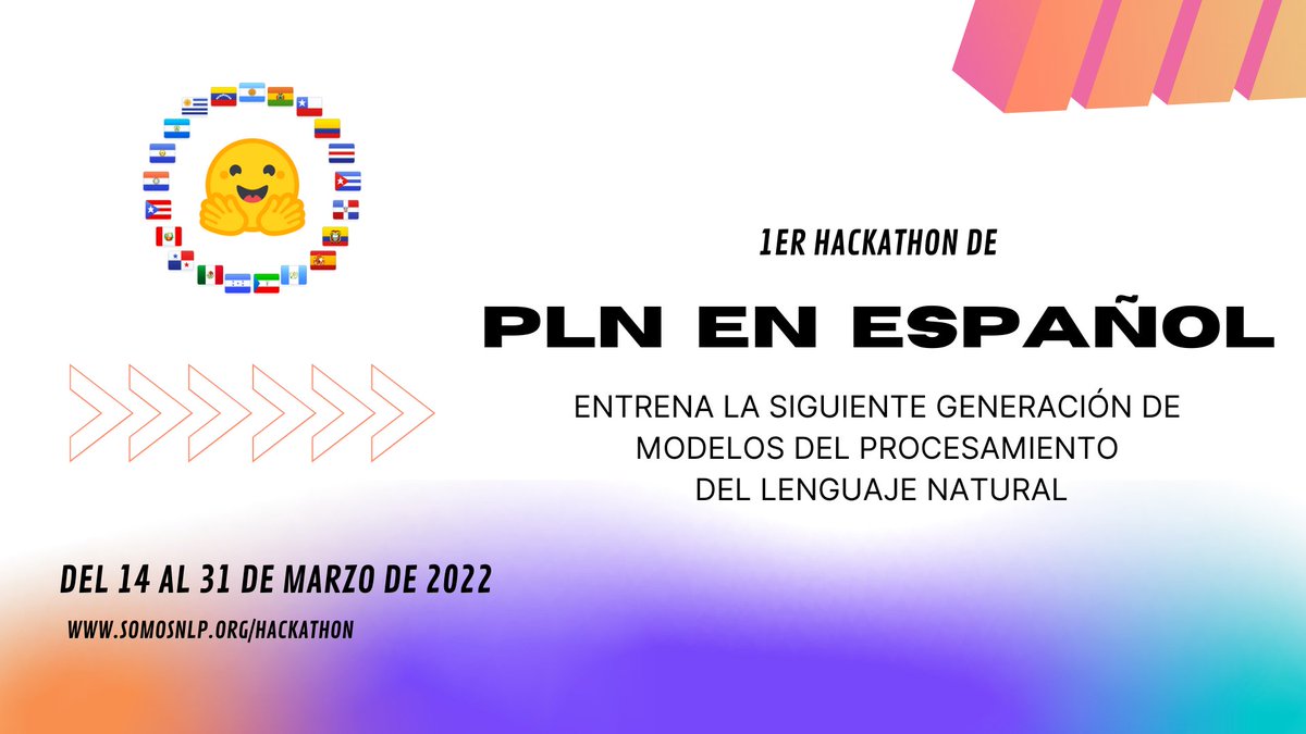 AISaturdays_ES's tweet photo. 🤗 Apúntate al 1r Hackathon de #NLP en Español. 14 a 31 de marzo, online!
Contribuye al avance del NLP en tu idioma, asiste a charlas por profesionales, aprende de la mano de mentores, y gana increíbles premios!
➡️ ¡Apúntate ya! https://t.co/Jm1azNbS2F
👏 @mariagrandury! https://t.co/w5zgmSCyX8