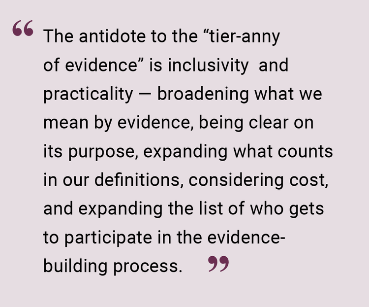 project_evident's tweet photo. New from @kfitzsimmons: how we can move beyond the "tier-anny" of evidence frameworks toward a more equitable approach: https://t.co/ARkH6KS8Vo #NextGenEvidence #ActionableEvidence https://t.co/uZYsiEjrTz