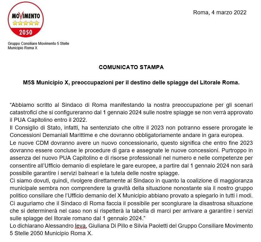 Abbiamo scritto al Sindaco di Roma <a href="/gualtierieurope/">Roberto Gualtieri</a> manifestando la nostra preoccupazione per gli scenari catastrofici che si configureranno dal 01.01.2024 sulle nostre spiagge se non verrà approvato il PUA Capitolino entro il 2022. <a href="/M5SROMAX/">M5S Roma X</a> <a href="/giulianadipillo/">Giuliana Di Pillo</a> <a href="/SilviaPaolett15/">Silvia Paoletti</a>