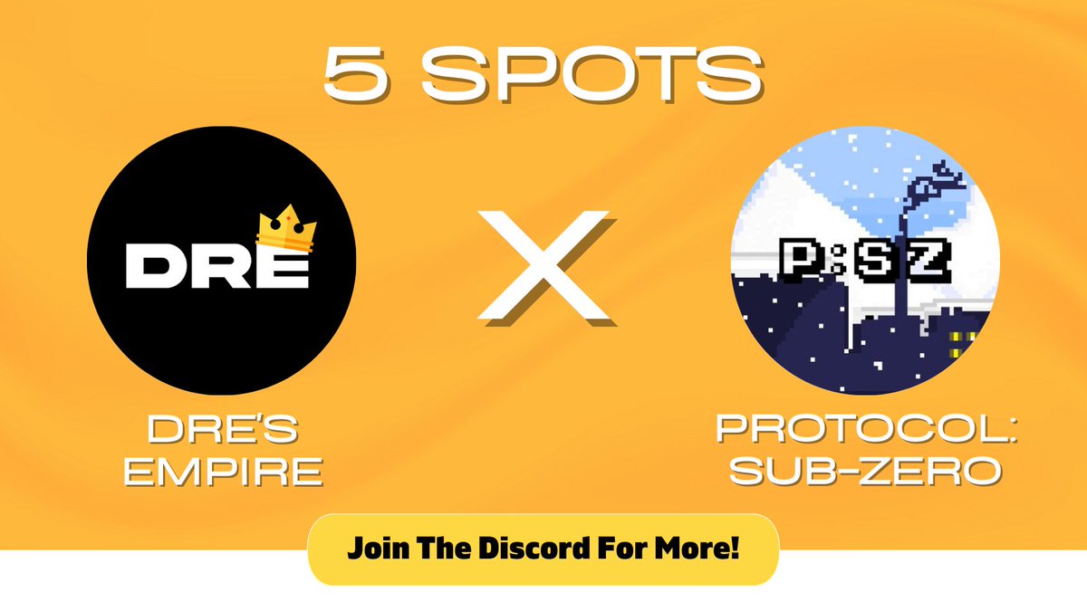 Dre's Empire x Protocol Sub-Zero

Our collab manager @Muhamma20690544 and has gotten 5 whitelist spots for Protocol Sub-Zero and will be chosen on my alpha group: discord.gg/dresempire

Requirements
- Follow @ProtocolSubZero 
- Follow me, like, rt and tag 3 friends

24 hours