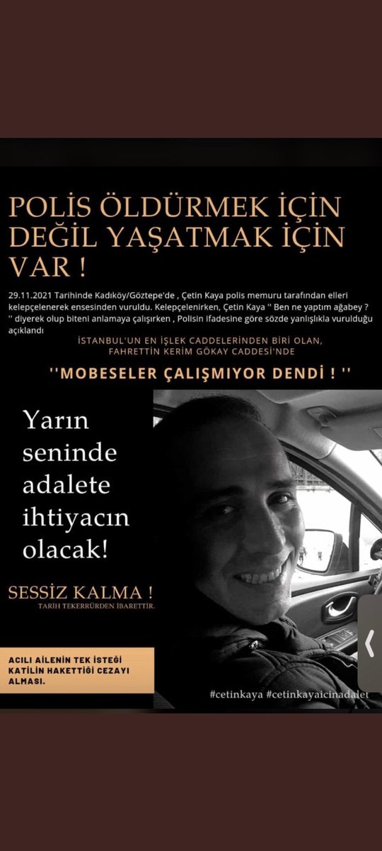 #ADALET İSTİYORUZ 
AMASIZ 
FAKATSIZ 
MEVKİSİZ
MAKAMSI
ONU 
BUNU
KORUMADAN
ŞU SUZ 
BU SUZ
SADECE HERKES İÇİN #ADALET
#ÇETİNKAYAİÇİNADALET 
#CETINKAYA SAVUNMASIZDI ÖLDÜRÜLDÜ 
BU DAVANIN #PEŞİNİBIRAKMAYACAĞIZ
