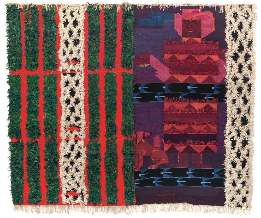 LotWhalen's tweet photo. Lovely to spend Friday afternoon at @TextilesOf @CRC_EdUni textiles roundtable, thinking about protest banners &amp; talking about Hannah Ryggen's anti-fascist, anti-war tapestries🧶 
Here's Blood in the Grass (1963), created to protest the use of chemical weapons in Vietnam https://t.co/aKHgZWcyfi