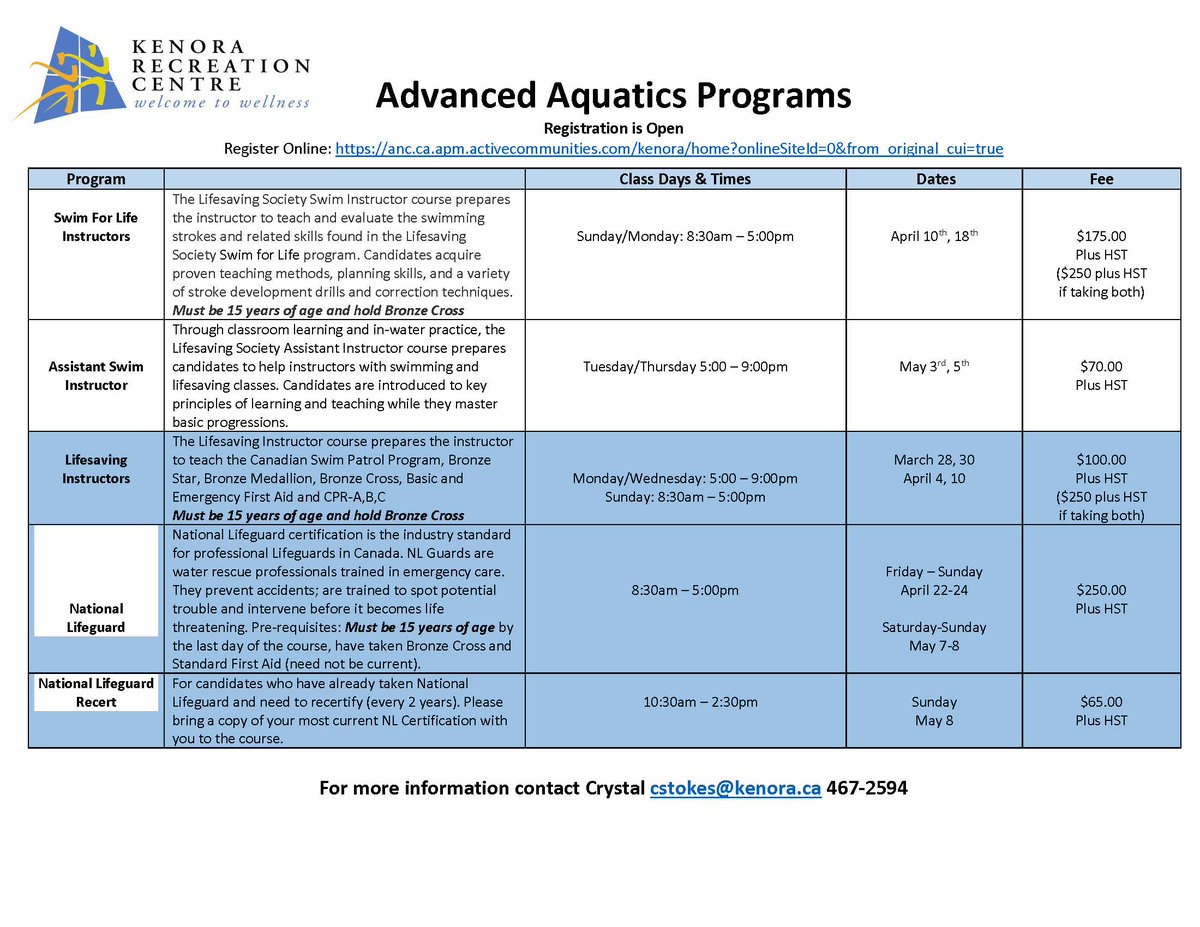 CityofKenora's tweet photo. Ready to start your career in #aquatics?
Check out the Advanced Aquatics Courses running this spring at Kenora Recreation Centre.
https://t.co/yXD9DCnYno
#CityofKenora #lifeguardcourse #swiminstructor https://t.co/DS7PxDL5cL