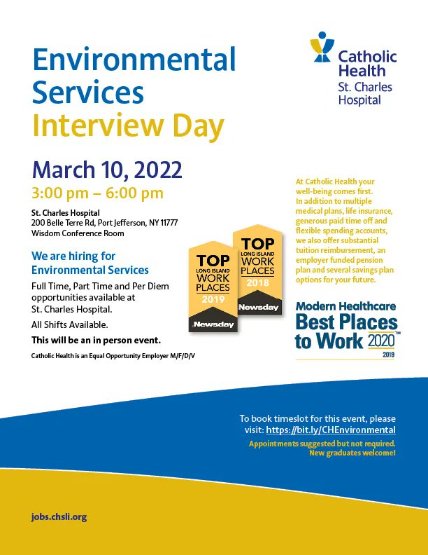 We are hiring for all areas of #EnvironmentalServices! Join us for our Environmental Services #Interview Day, Thursday, March 10th, 2022 from 3pm - 6pm at St. Charles Hospital. To book a timeslot for this event -&gt; bit.ly/34d1SAA
