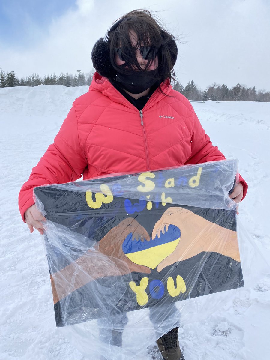 XavierJRH's tweet photo. Xavier staff and students stood with Ukraine today. Showing their support by wearing blue and yellow, as well as participating in a peaceful rally in the town. Great job students!! 🇺🇦 #Ukraine @CBCNews @NLESDCA @NTVNewsNL https://t.co/bviOAFA4aY