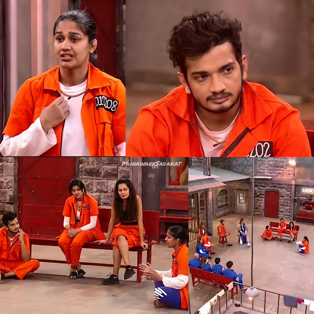 MunawarTeam's tweet photo. All contestants sat on bench but Babita Phogat came there were no place . So She sat on floor and as Munawar respect her .
He sat down to! ❤️

Humare banda  dil k sona hai 

‘EK HE TOH DIL HAI KITNI BAAR JEETOGE’ 🥺 @munawar0018 @Team_Faruqui
@SadakatKhanms

 #MunawarFaruqui https://t.co/V9wHNcUNjH