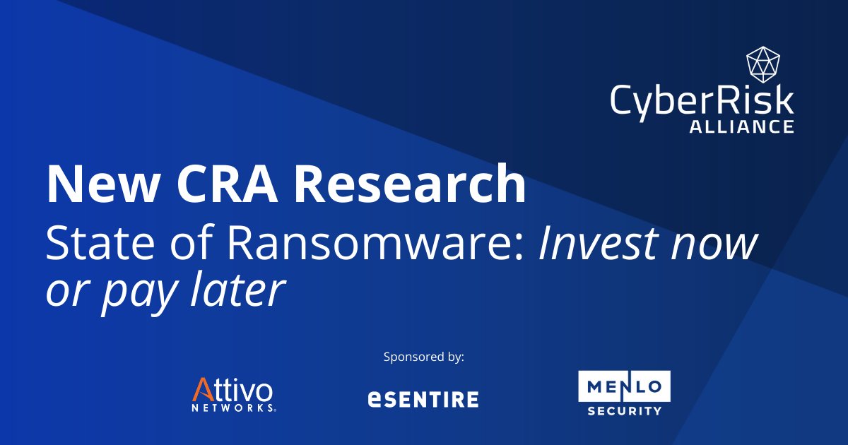 cyberriskall's tweet photo. Learn how organizations are keeping up with increasing #ransomware attacks in our new study State of Ransomware, sponsored by @AttivoNetworks @eSentire and @menlosecurity Download the report: https://t.co/QU3Qa5LaCn
#breach #riskmanagement #cyberattack #infosec #CRAResearch https://t.co/fN00wkZpHd