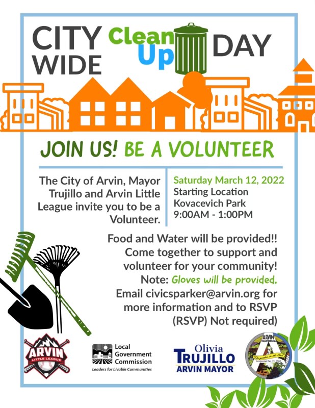 ga_arvin's tweet photo. City Wide Clean Up Day is March 12th!

Join the City of Arvin, Mayor Trujillo and Arvin Little League as they volunteer for the community in a day of clean up! Food, water, and gloves will be provided.

Starting location: Kovacevich Park @ 9 am. 5th Avenue and A Street in Arvin https://t.co/EqtfhxMbOK