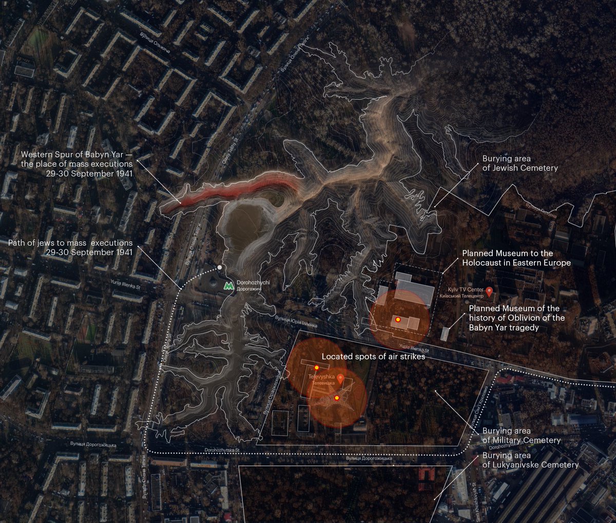 A map of the March 2nd bombings of Babyn Yar. Courtesy of <a href="/babynyarhmc/">Babyn Yar Holocaust Memorial Center</a>
