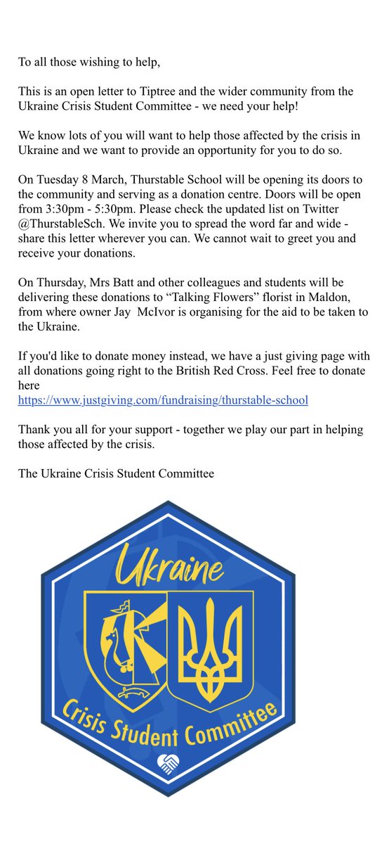 This is an open letter to Tiptree and the wider community from the Ukraine Crisis Student Committee - we need your help! 💚📣 #ThurstableCares