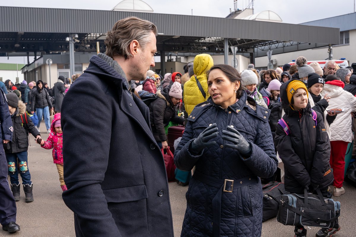 pritipatel's tweet photo. Truly heartbreaking meeting families, women &amp; children at the Poland-Ukraine border in Medyka who've been forced from their homeland by the monstrous Russian invasion. Our expanded Ukraine Family Scheme is now fully open and today I saw some of the first people who'll apply. 1/2 https://t.co/9GcB8PNPBz