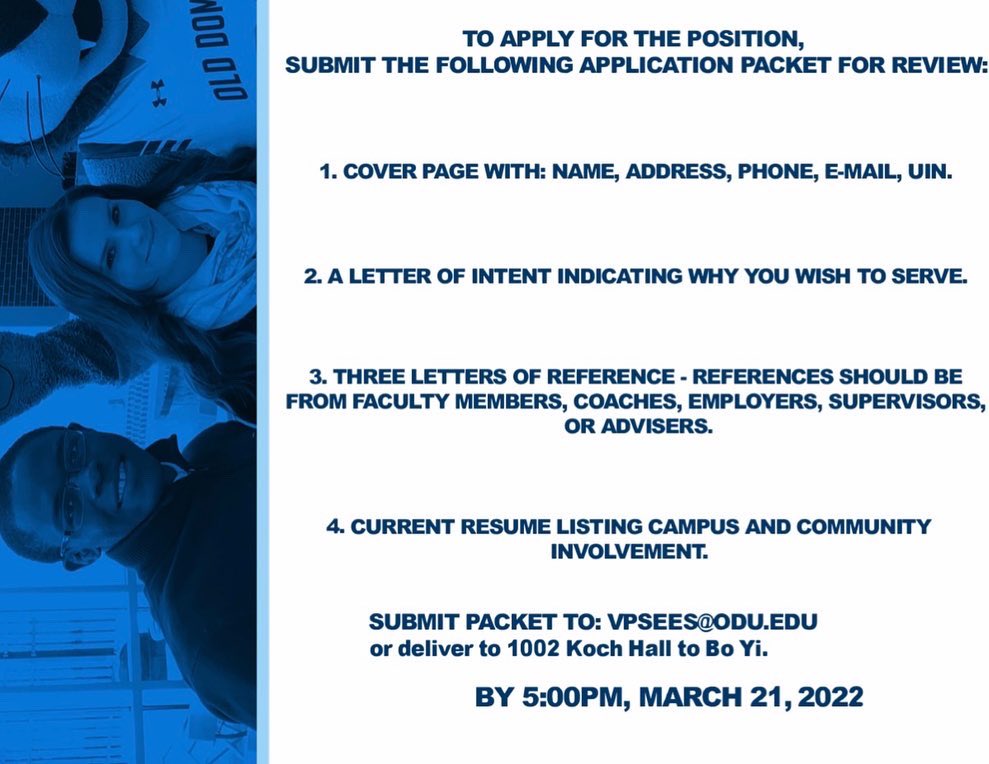 Hello Monarchs 🦁!

We are excited to announce the application for the ODU student representative to the Board of Visitors has opened. 

Apply by 5pm, March 21st!