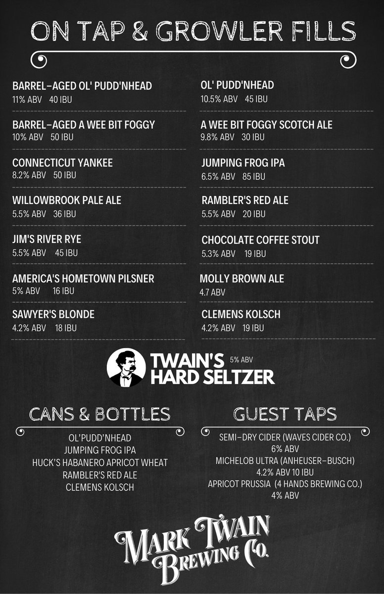 🤘🏼 FRIDAY TAP LIST 🤘🏼 Come hang out with us! We're open till 10 tonight &amp; tomorrow night. 

#drinklocal #eatlocal #hannibalmo #marktwainbrewingcompany
