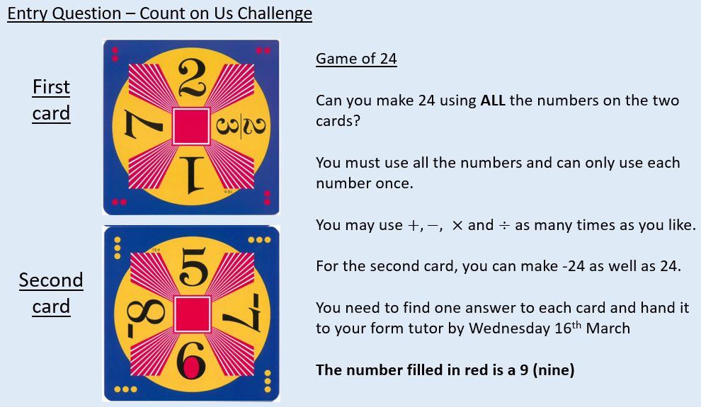 woodcotehigh's tweet photo. Calling all KS3 Mathematicians! 🧮

If you would like to enter the Count on Us House Competition, please answer the following entry questions and give your answer to your Form Tutor by Wednesday 16th March. Good luck! 🍀

#WeAreWoodcote #ASPIRE #EduMaths https://t.co/nLE4q99lg7